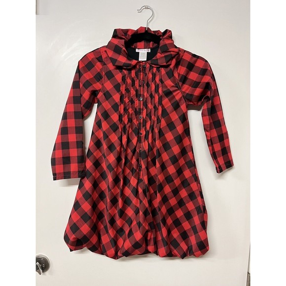 Deux Par Deux Buffalo Plaid Girls Dress Size 8 Bubbled Hem Red and Black - Picture 1 of 7
